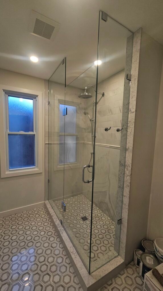 A corner glass shower in downtown Toronto